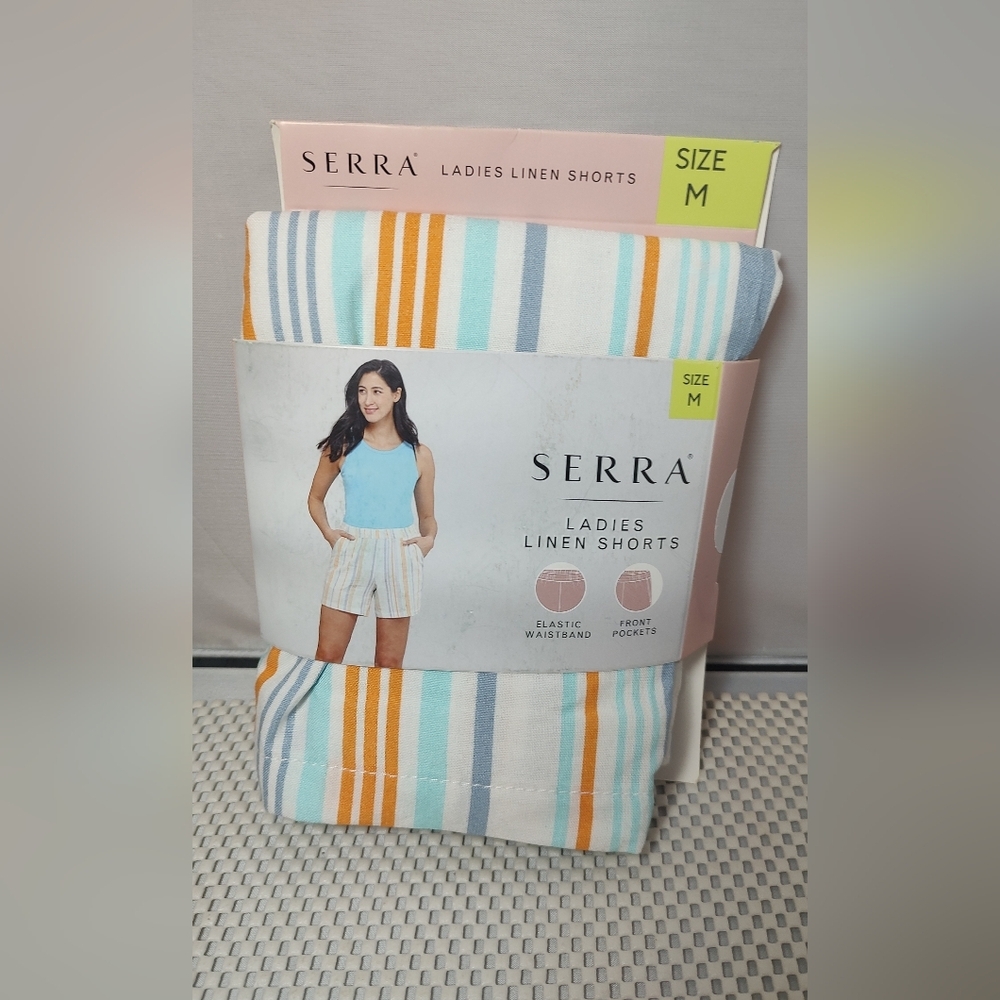 Serra Women's Size M (8-10) Linen Shorts White/Blue/Orange
